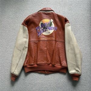 Vintage 1995 Planet Hollywood Leather Jacket Tan brown 2 tone Washington DC L